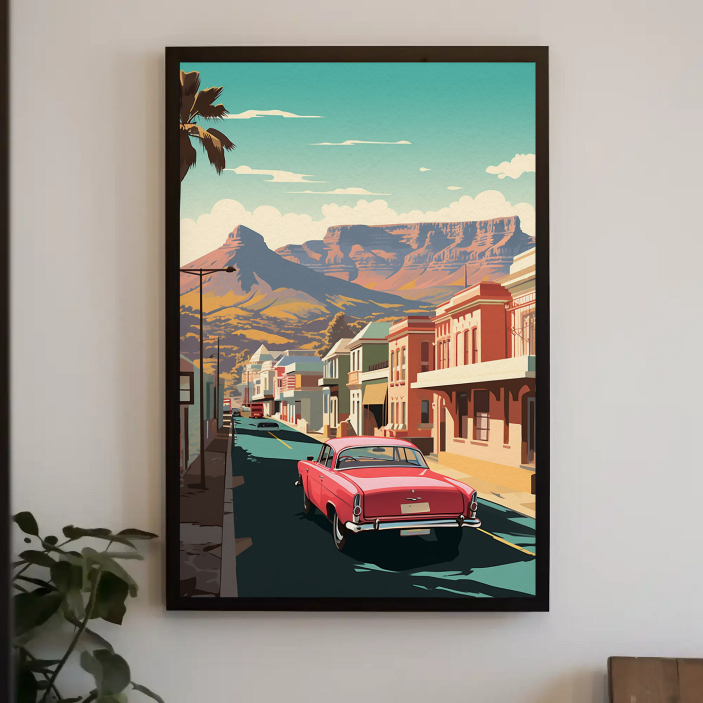 Cape Town Retro Car Colorful Buildings Scenic Travel Poster