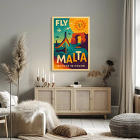 FLY MALTA Vibrant Retro Travel Adventure Poster PosterGoat