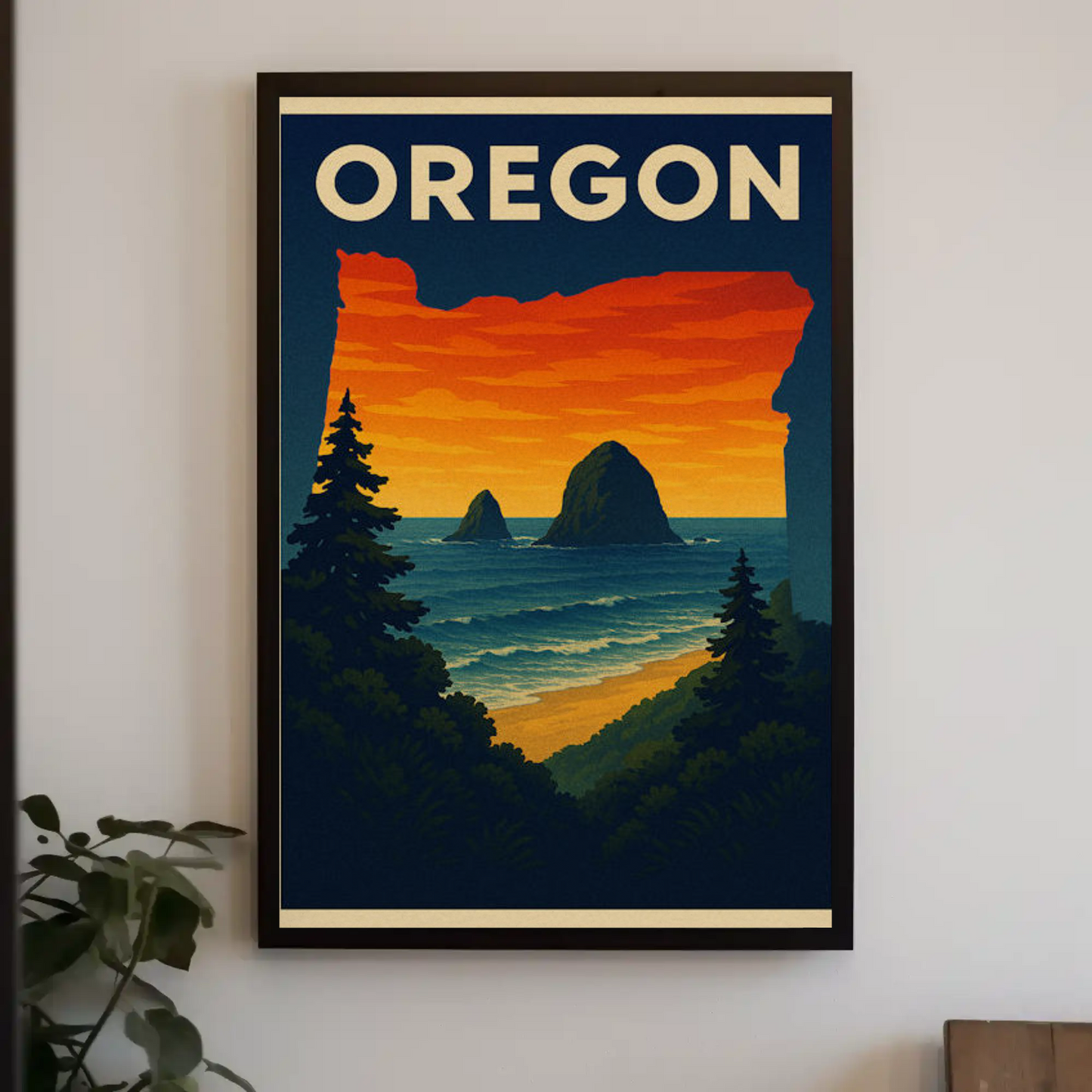 Oregon Coastal View Sunset Forest Travel Poster