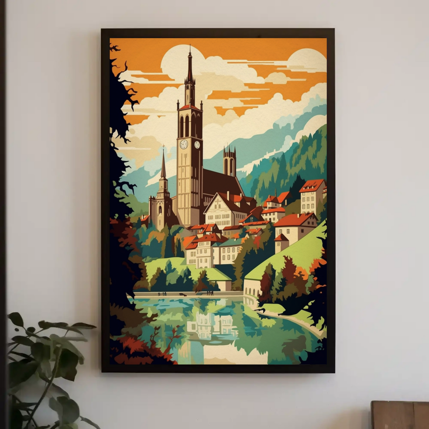 Alpine Village Church Tower Mountain View Travel Poster