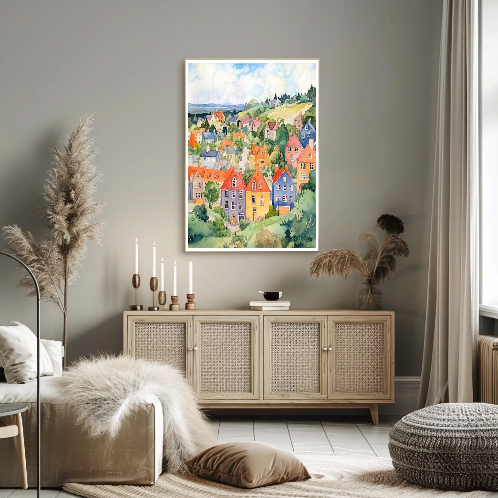 Colorful Hillside Village Poster PosterGoat