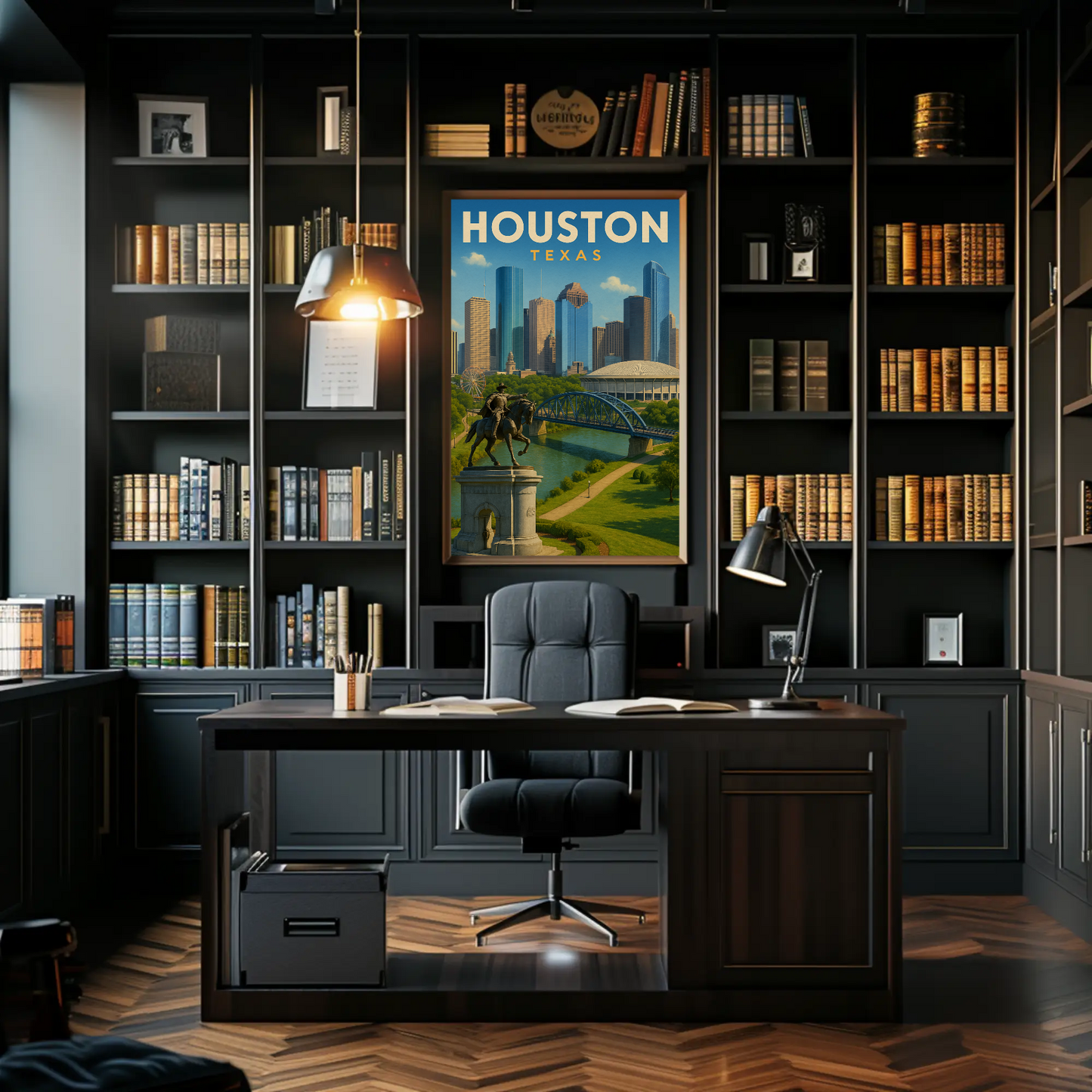 Houston Texas Skyline River Monument Vintage Travel Poster