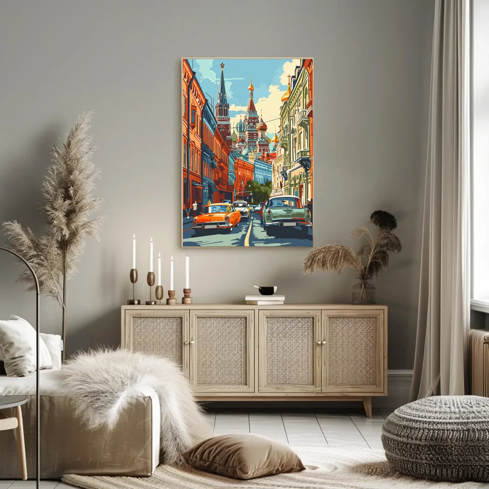 Moscow Retro Street Scene with St. Basil's Cathedral