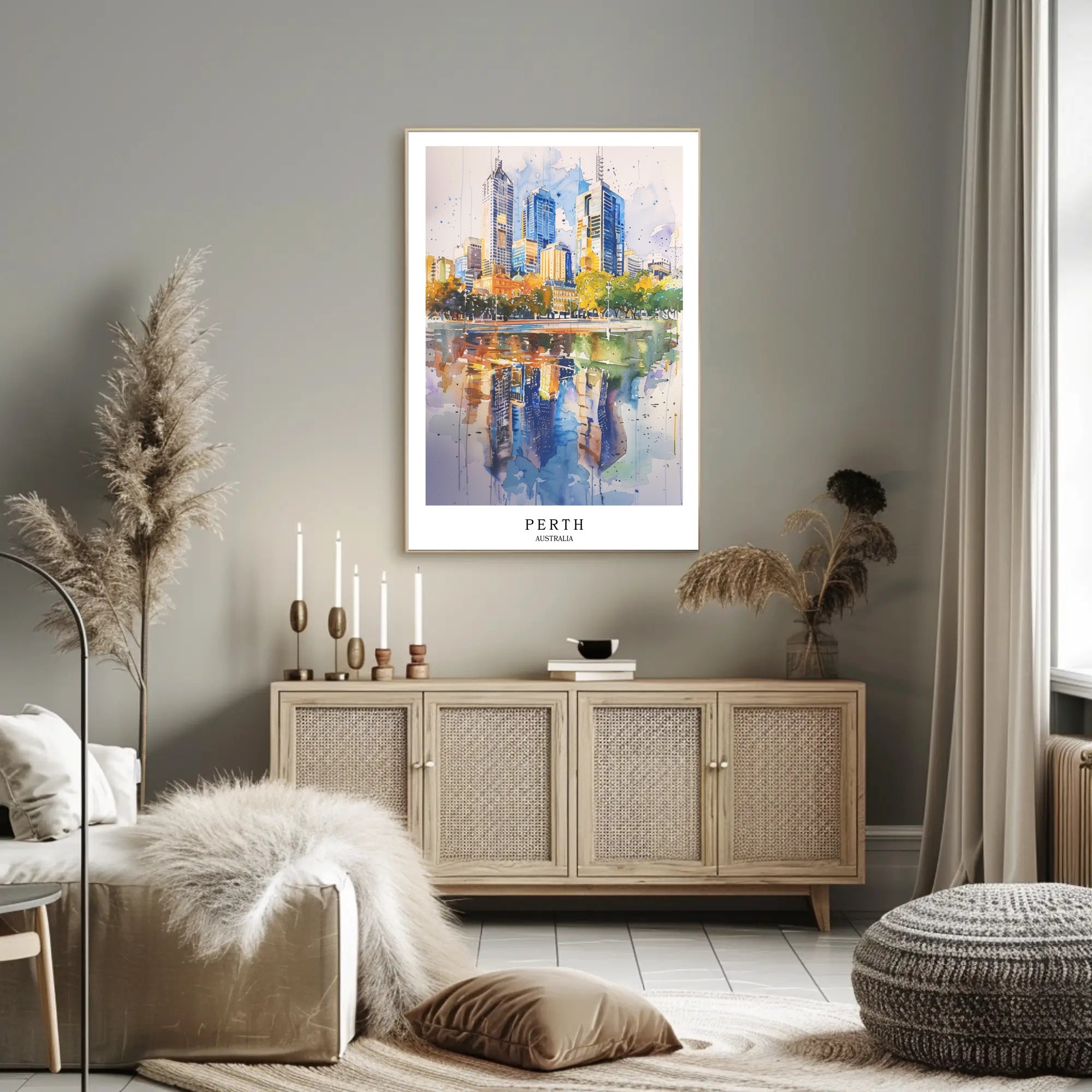 Perth Skyline Watercolor Travel Poster PosterGoat