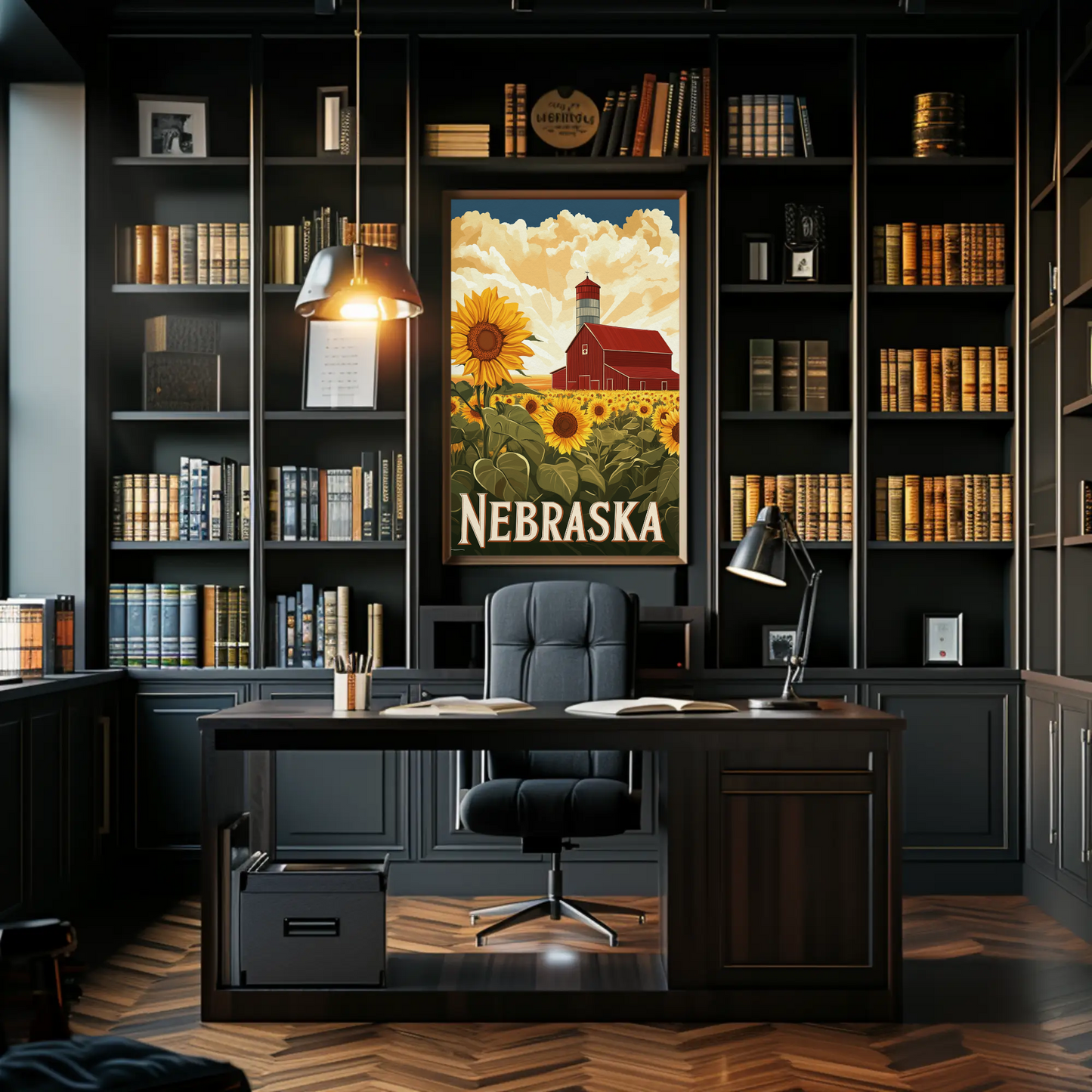 Nebraska Vintage Poster - Sunflower Barn