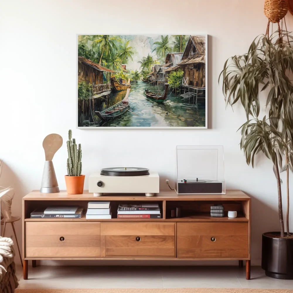 Serene Asian Floating Village Impressionistic Art Poster