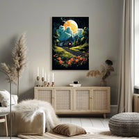 Moonlit Journey Vintage Train Surrealism Floral Meadow Night Travel Nostalgic Romance Poster
