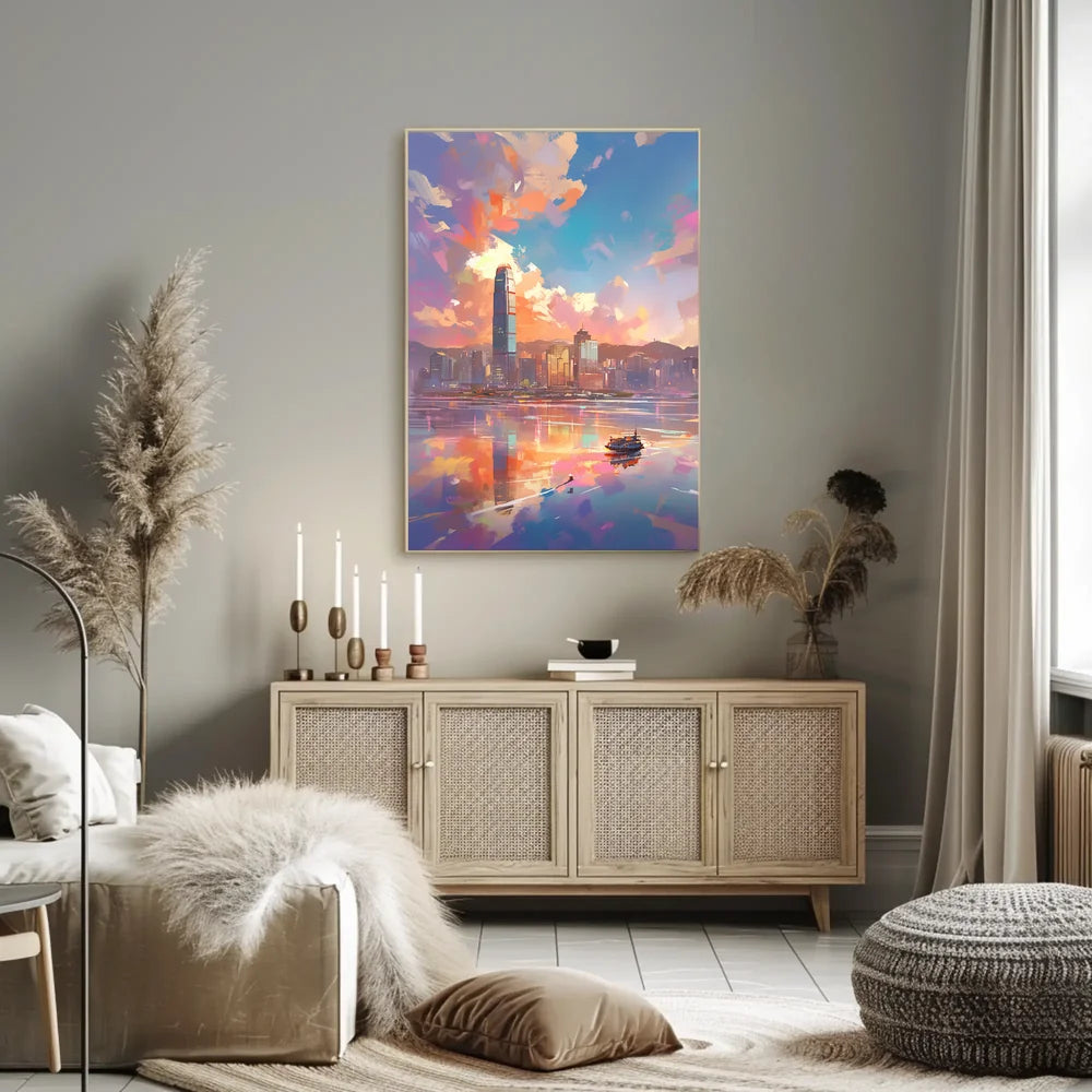 Modern Cityscape Sunset Poster: Hong Kong Skyline Art