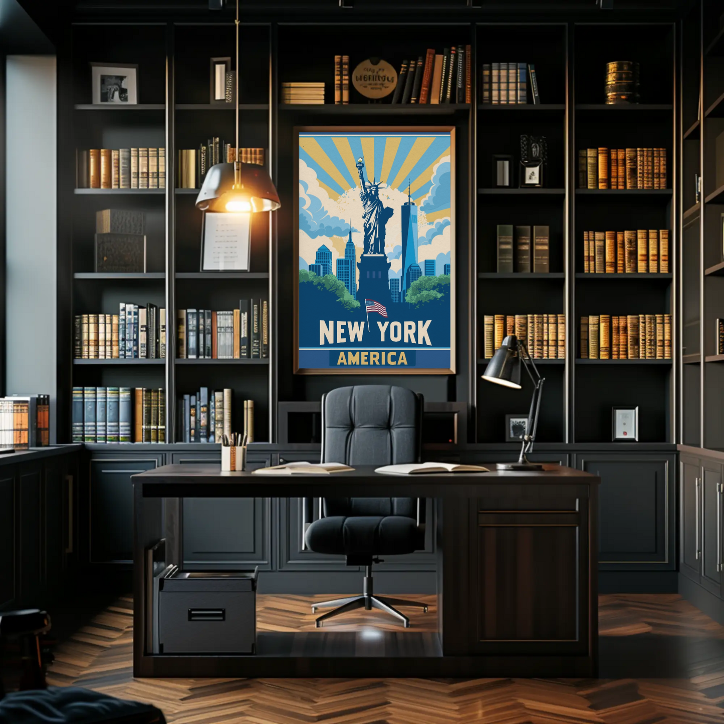 New York America Skyline Liberty Sunrise Vintage Travel Poster