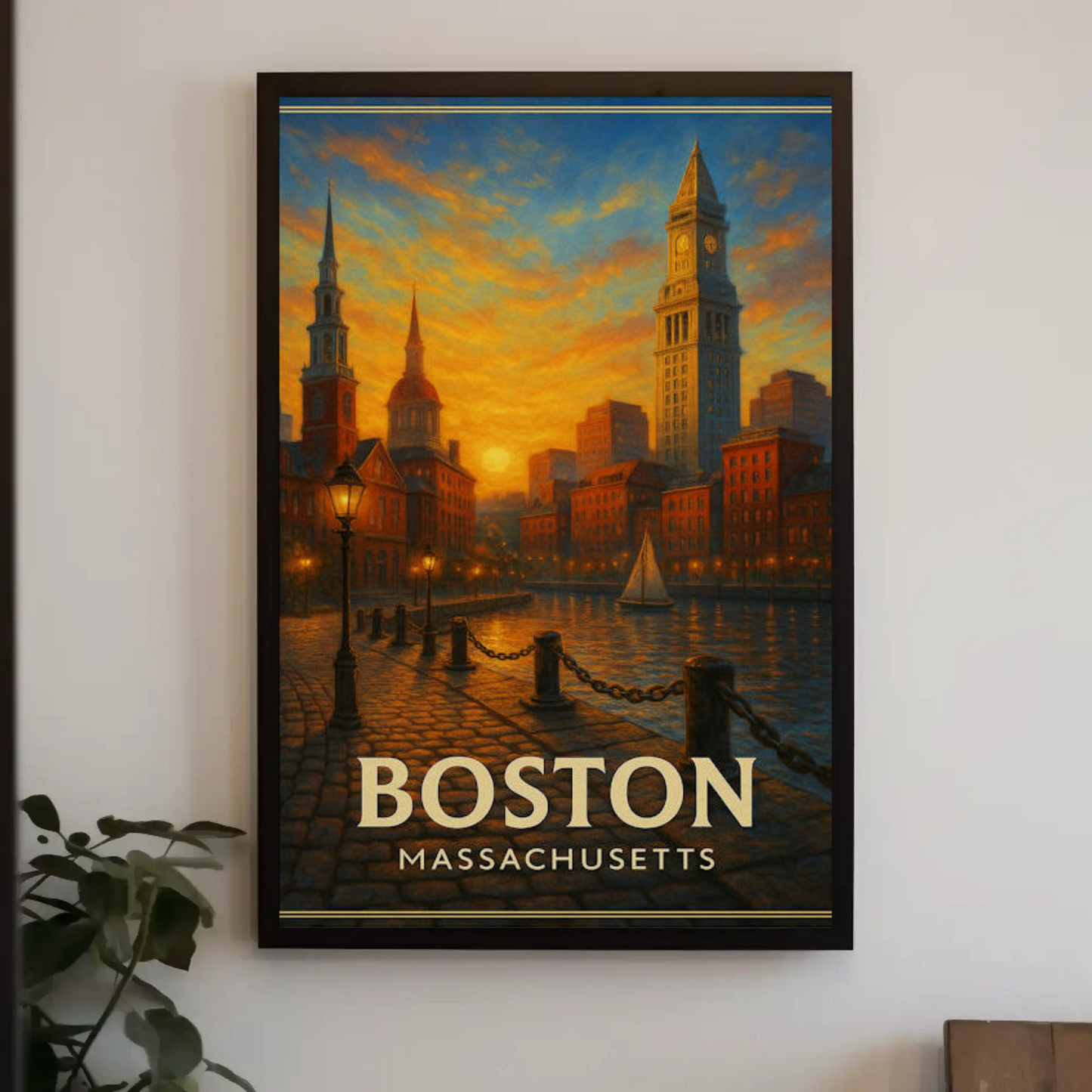 Boston Massachusetts Sunset Harbor Cityscape Travel Poster