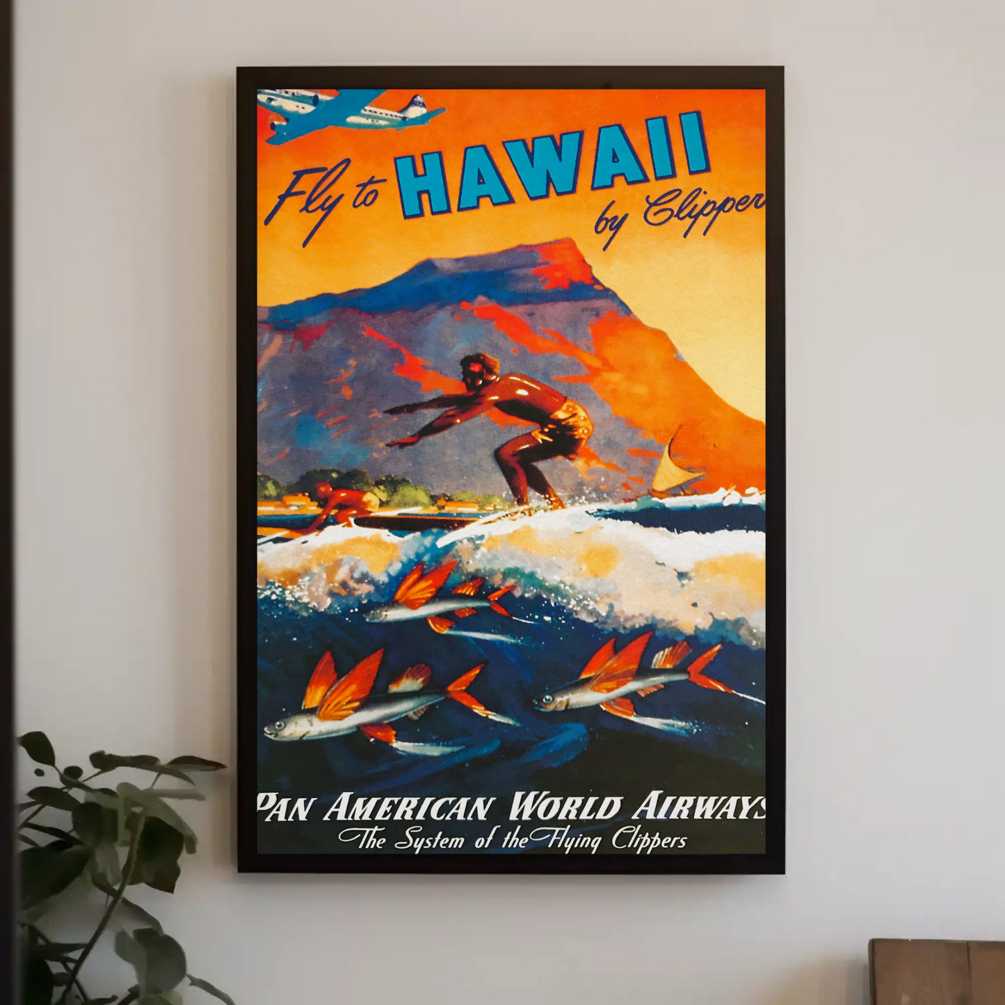 Fly To Hawaii Clipper Surfer Vintage Travel Poster