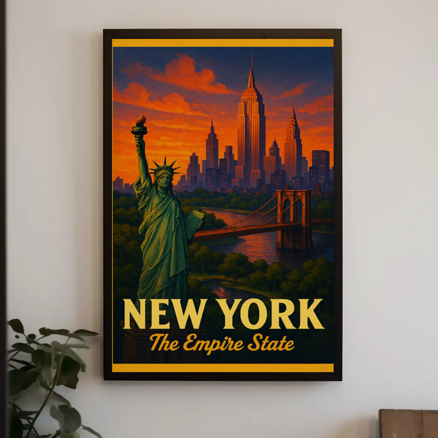New York Empire State Liberty Brooklyn Bridge Sunset Travel Poster