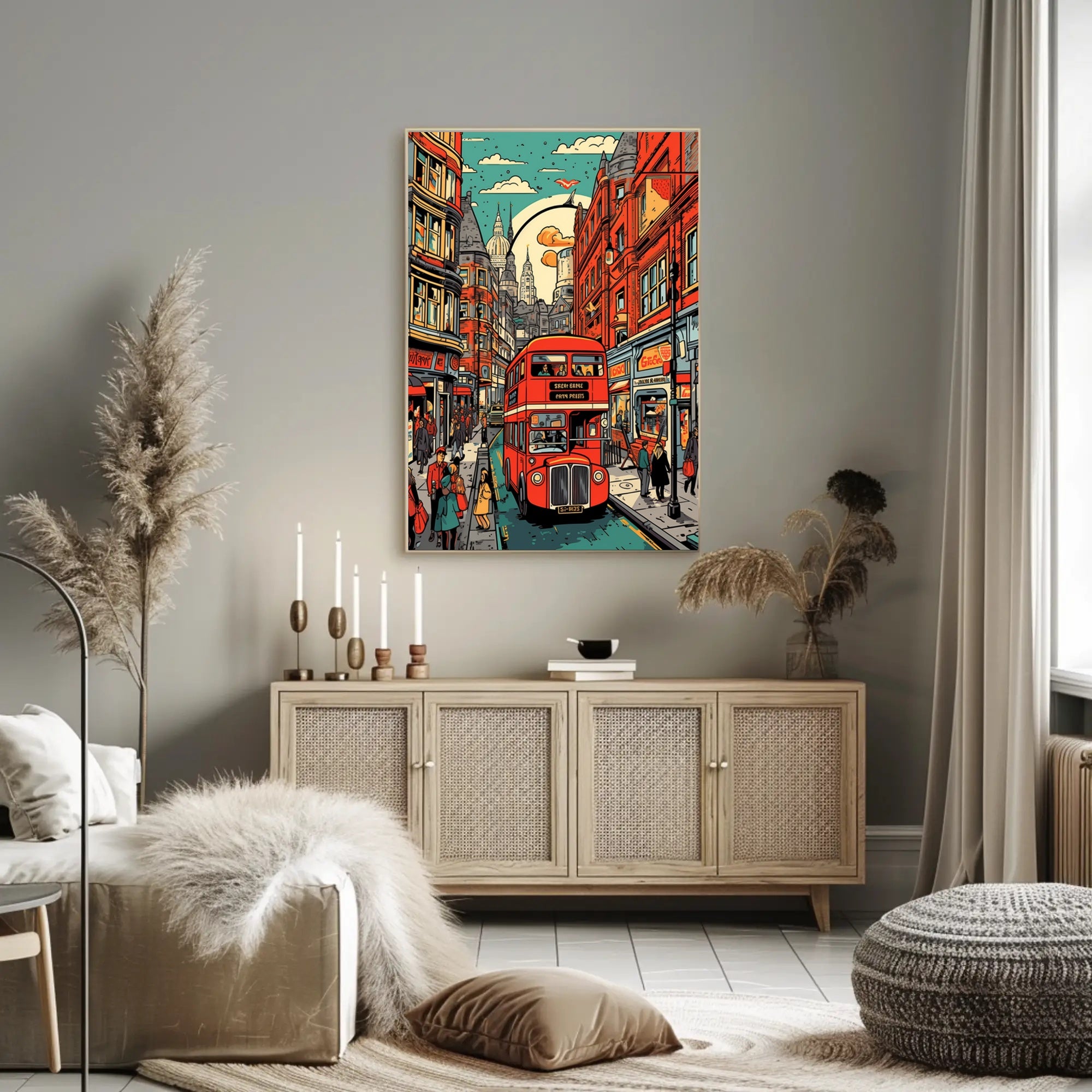 Vibrant Cityscape with Red Bus Poster