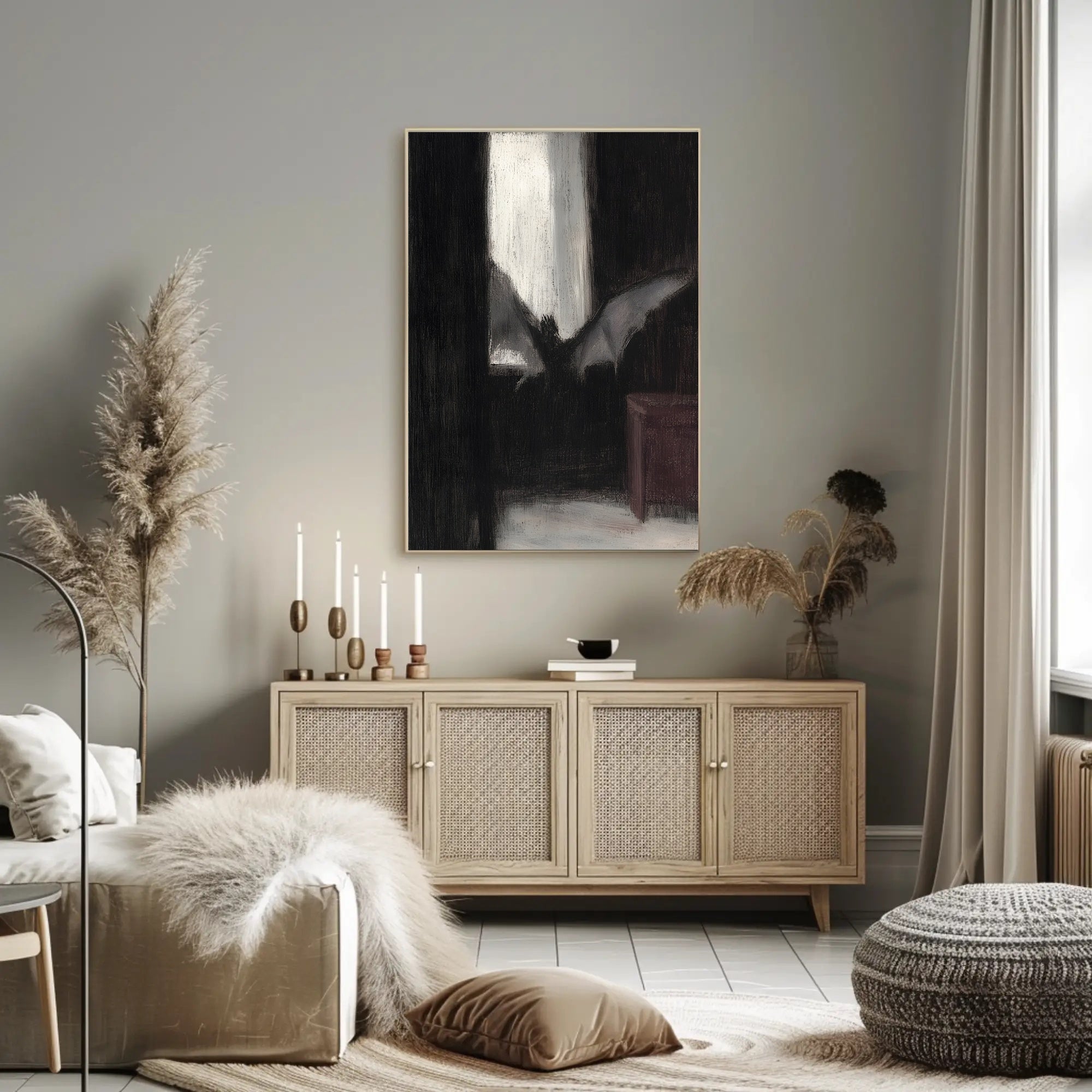 Dark Bat Window: Eerie Gothic Artistic Poster PosterGoat