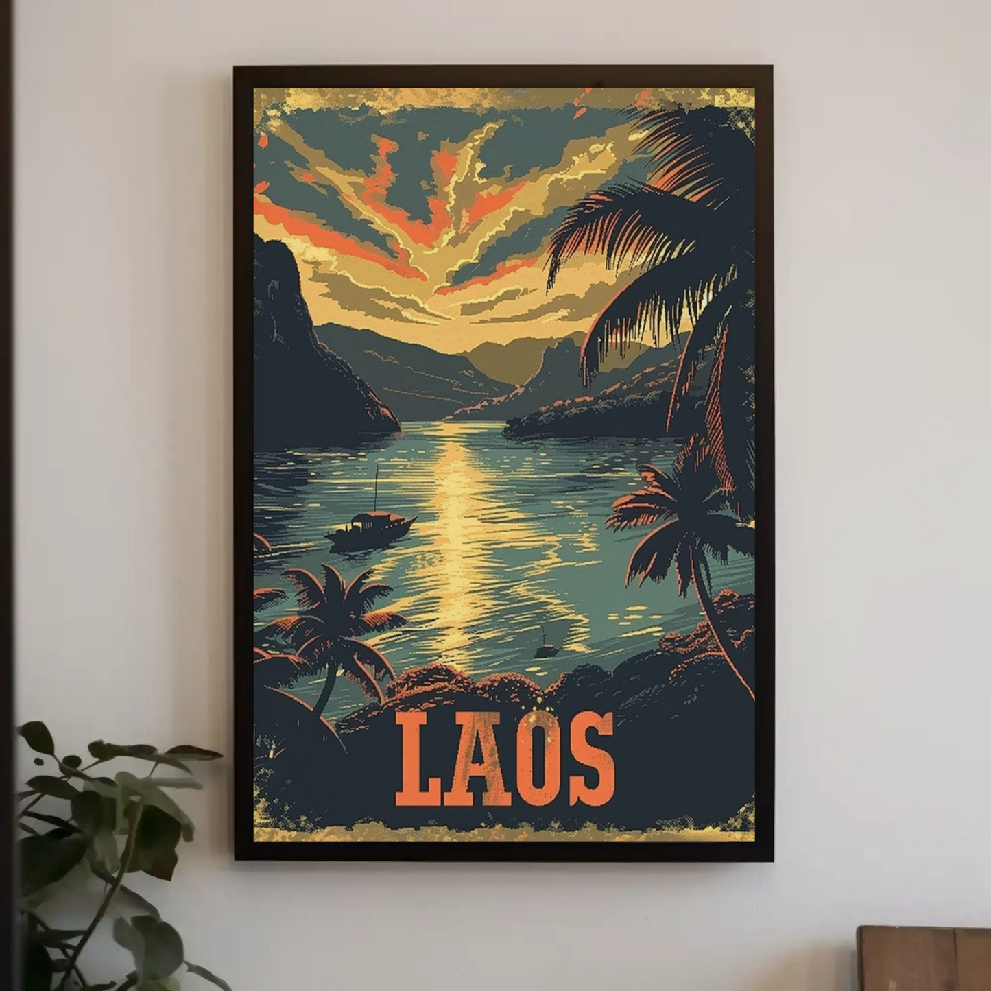 Laos River Sunset Palm Trees Landscape Travel Poster