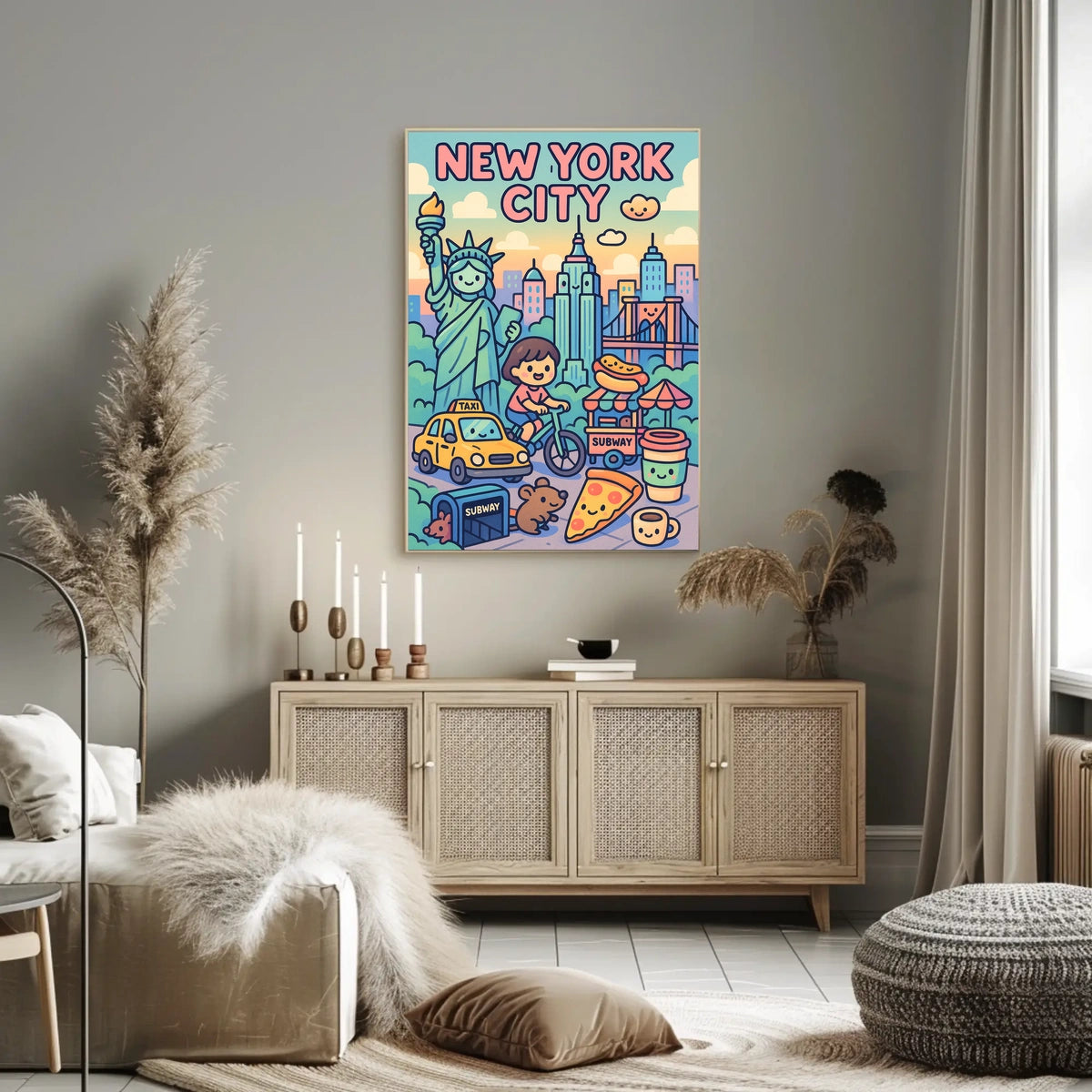 New York City Whimsical Cartoon Poster Modern Wall Art