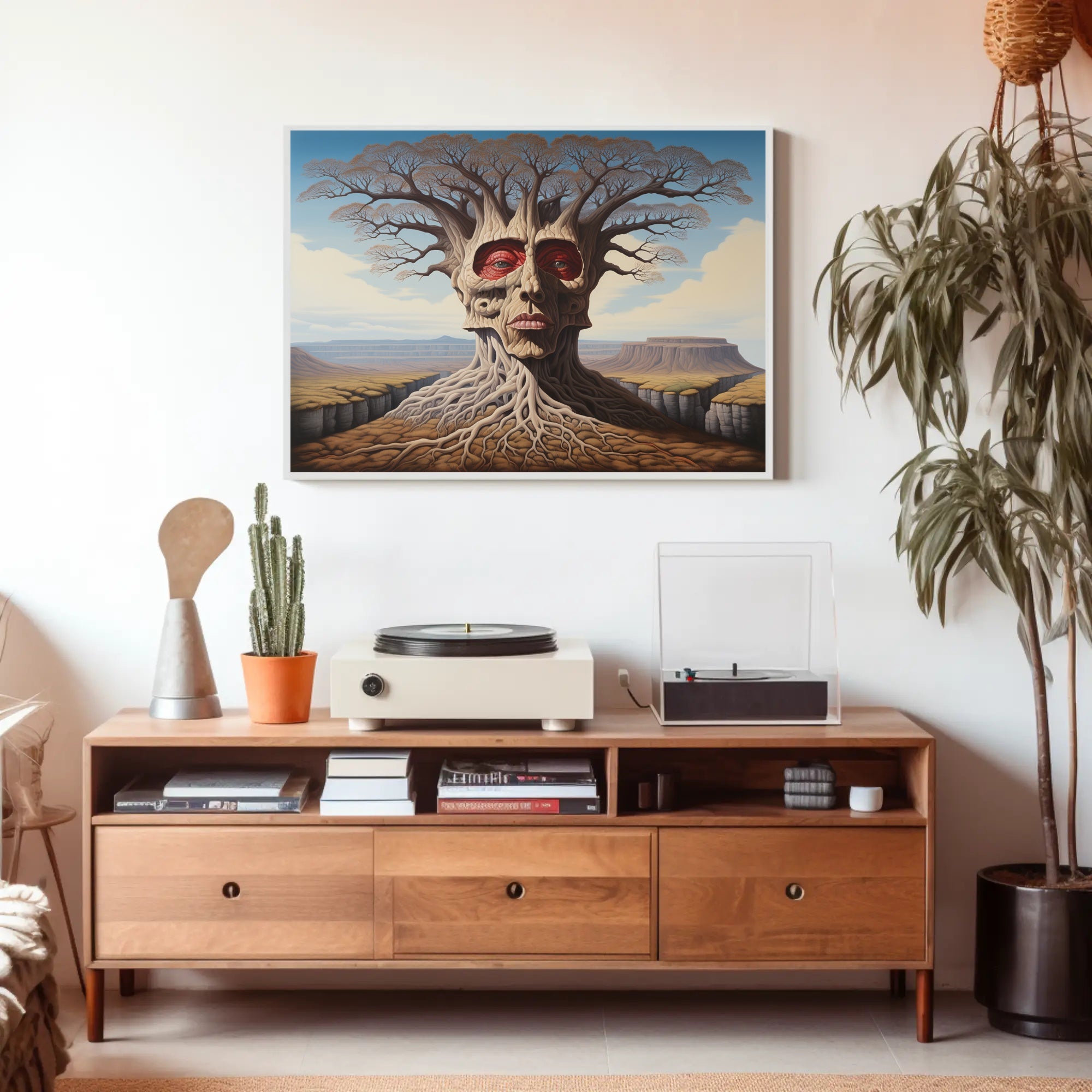 Surreal Tree Face in a Mystical Desert: Artistic Poster