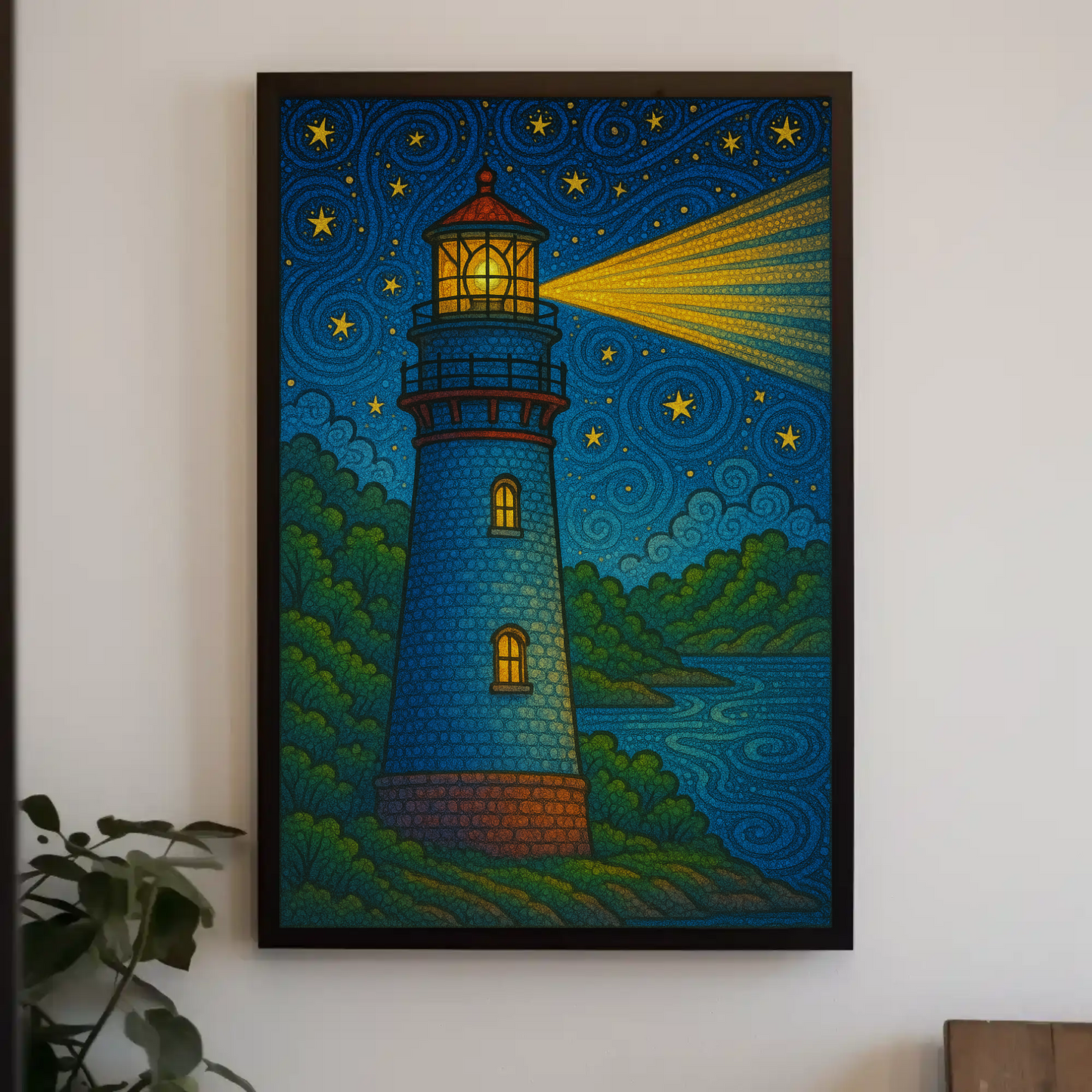 Lighthouse Night Stars Ocean Beacon Illustration Travel Poster