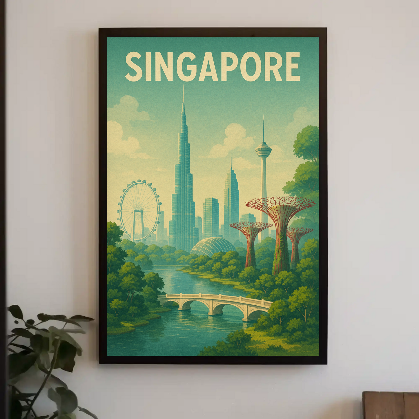Singapore Skyline Botanical Travel Poster