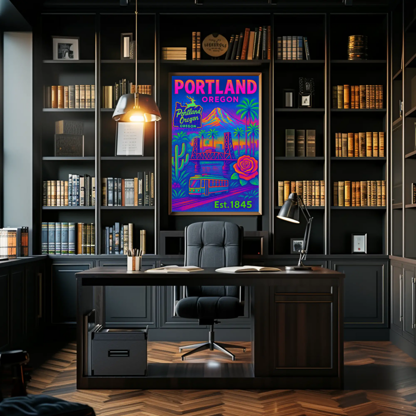 Portland Oregon Rose Bridge Mountain Vintage Travel Poster