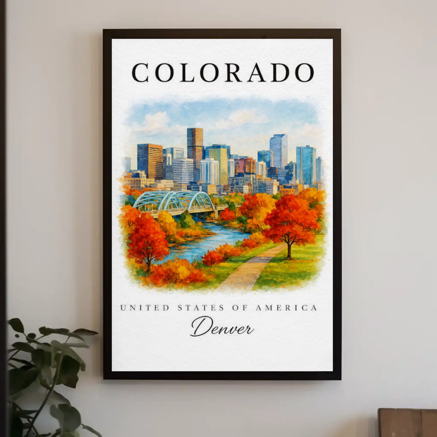 Denver Skyline Autumn Path River Travel Poster