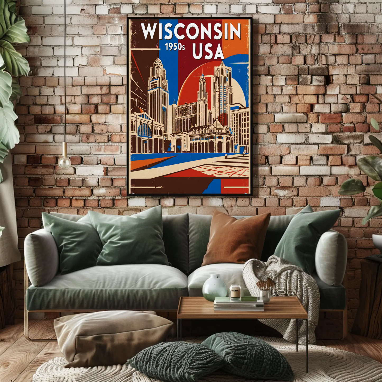 Wisconsin USA 1950s Urban Skyline Vintage Travel Poster