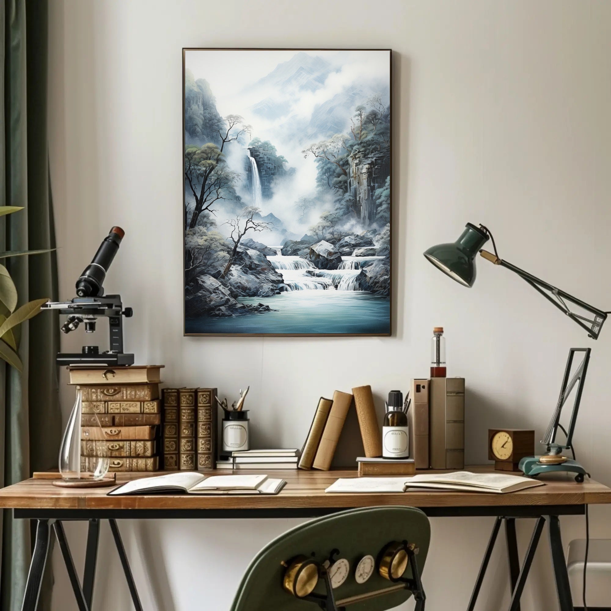 Tranquil Waterfall In Misty Mountains Poster