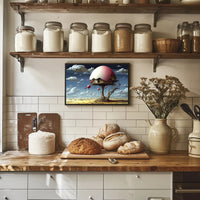 Surreal Desert House with Whimsical Balloons Artistic Poster