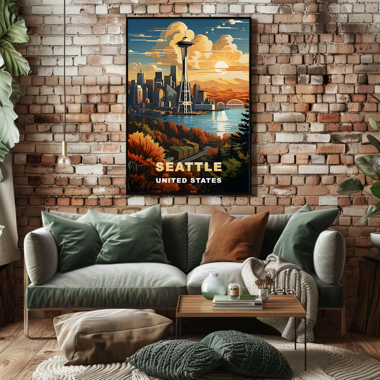 Seattle Space Needle Autumn Sunset Vintage Travel Poster