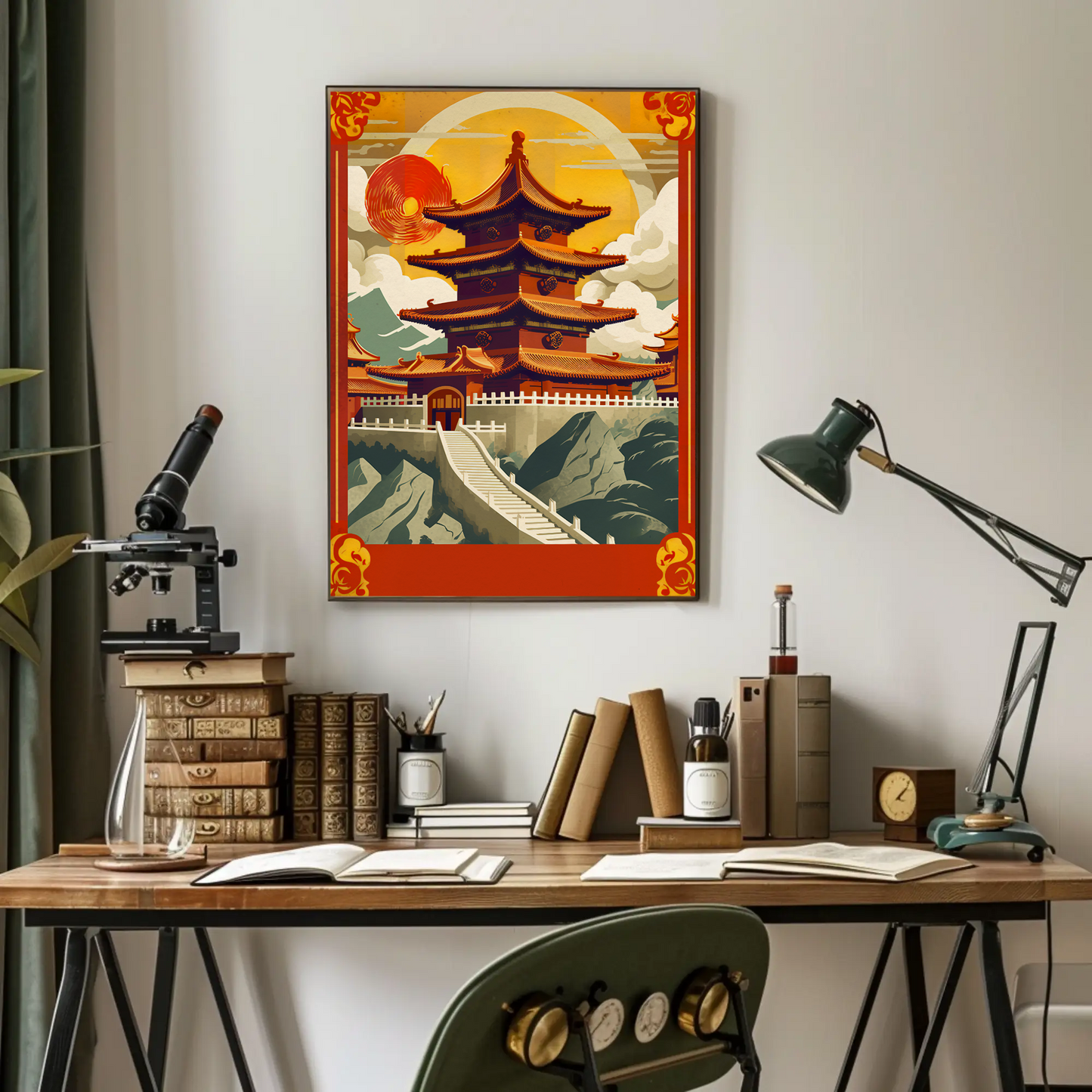 China Pagoda Sunset Clouds Fortress Peaks Travel Poster