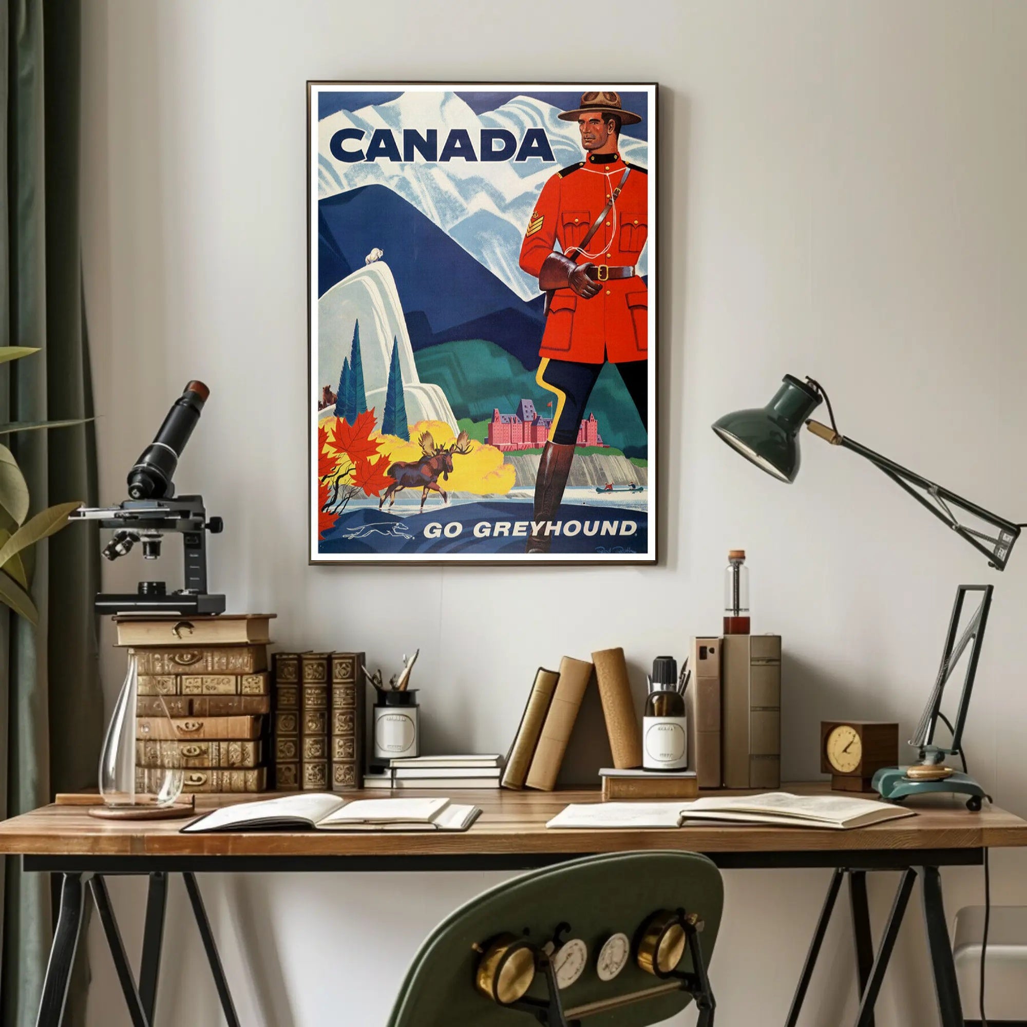 Vintage Canada Travel Poster with Mountie and Wildlife Travel Poster PosterGoat