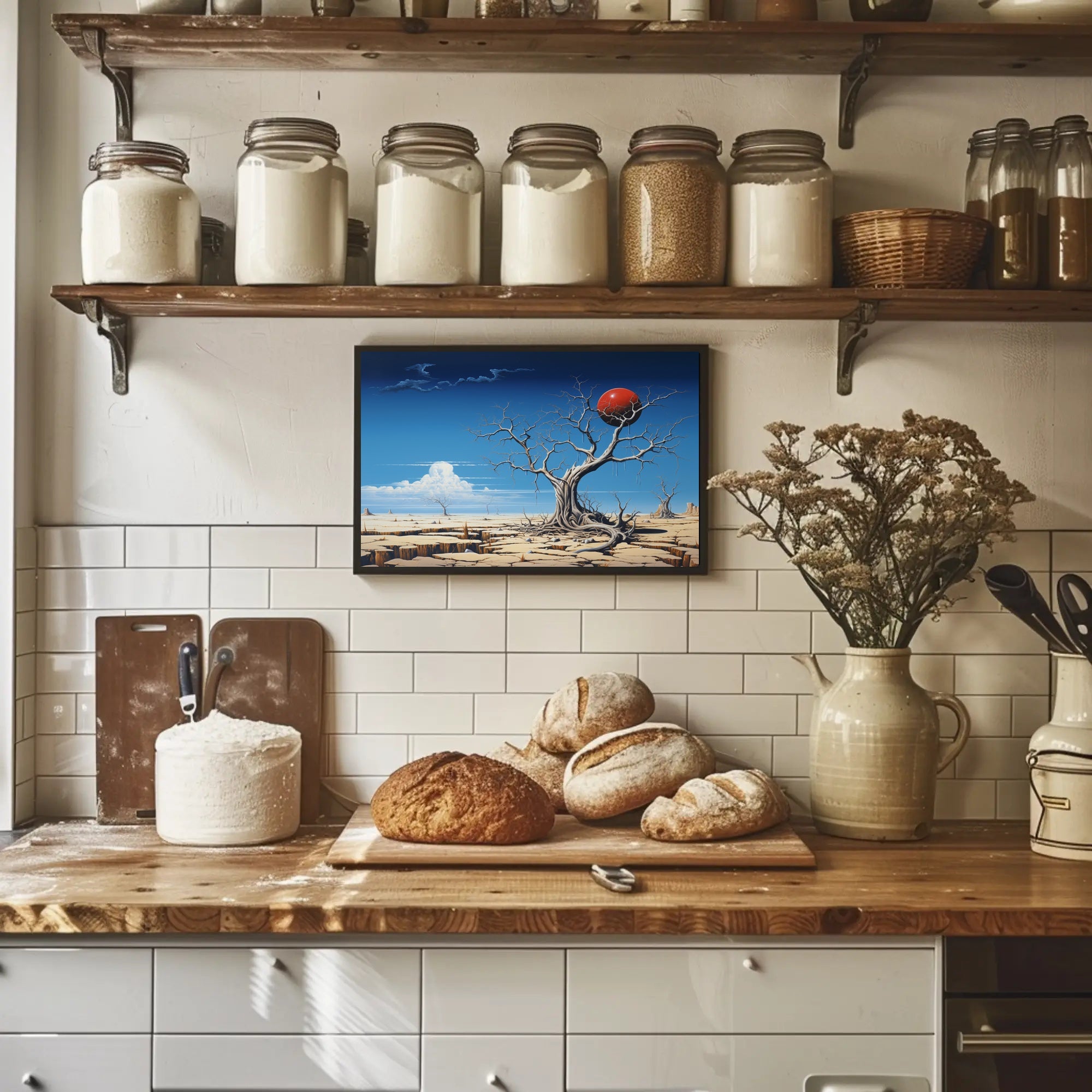 Surreal Desert Landscape with Red Sphere Artistic Poster