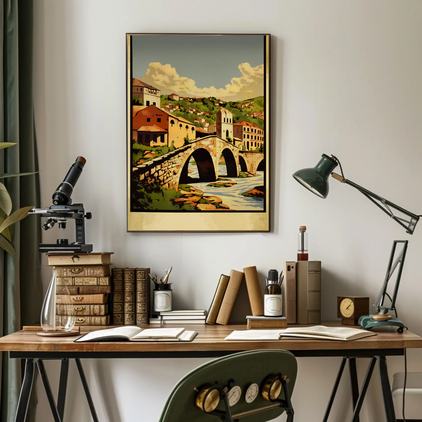 Stone Arch Bridge European Village Landscape Travel Poster