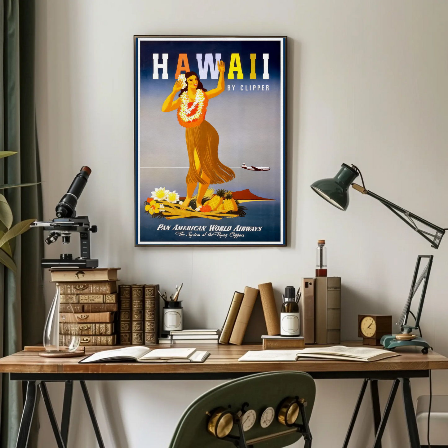 Pan Am Hawaii Hula Dancer Island Sunset Travel Poster