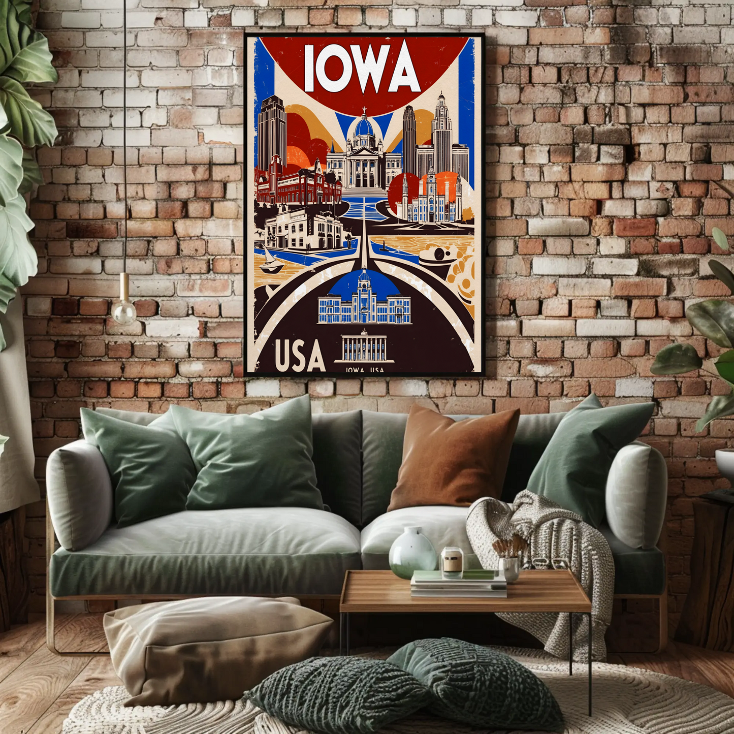 Iowa USA Civic Dome And Skyline Vintage Maroon Travel Poster
