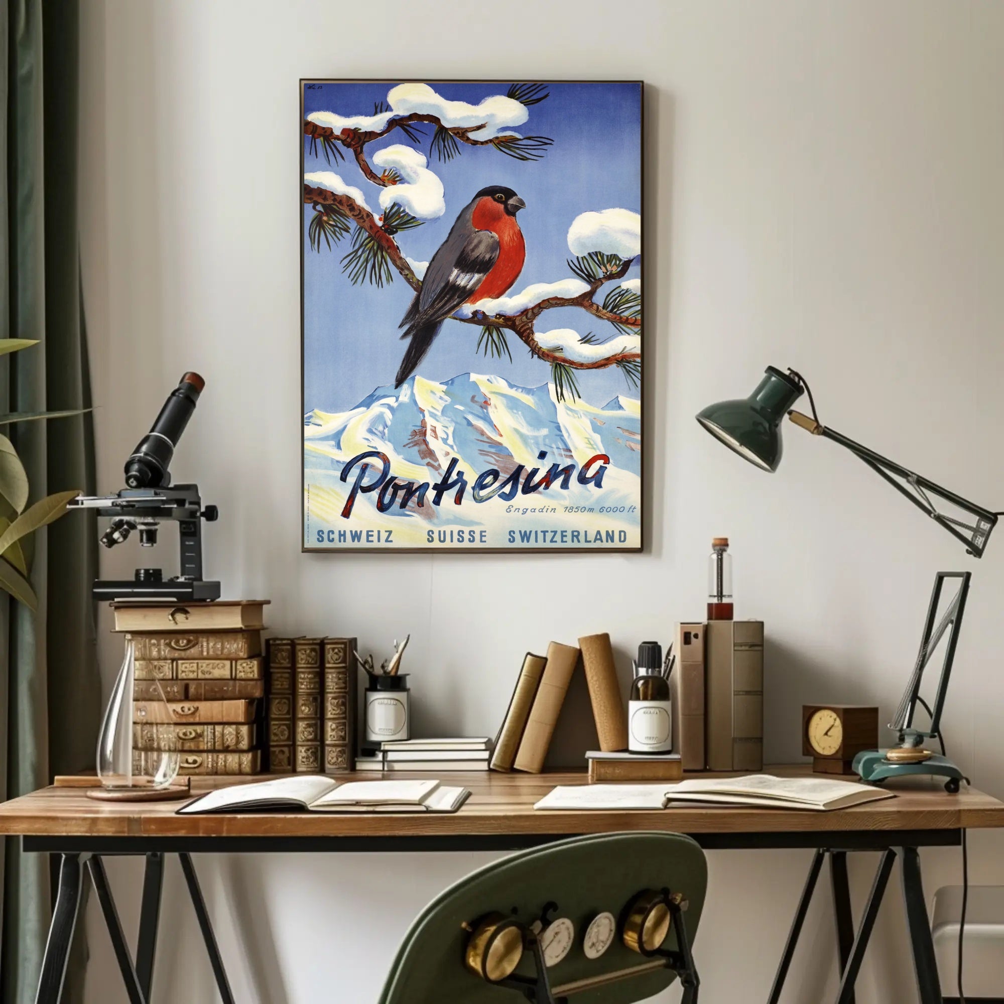 Vibrant Bullfinch Snowy Swiss Landscape Travel Poster PosterGoat