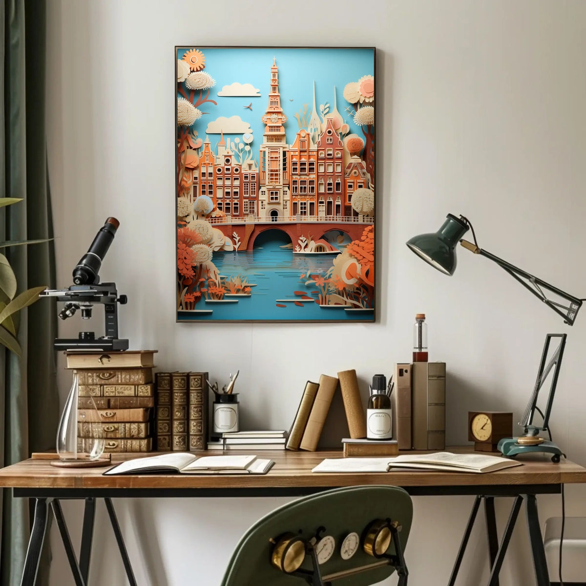 Amsterdam Canal Bridge Scene with Whimsical Urban or Cityscape Poster