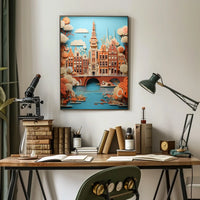 Amsterdam Canal Bridge Scene with Whimsical Urban or Cityscape Poster
