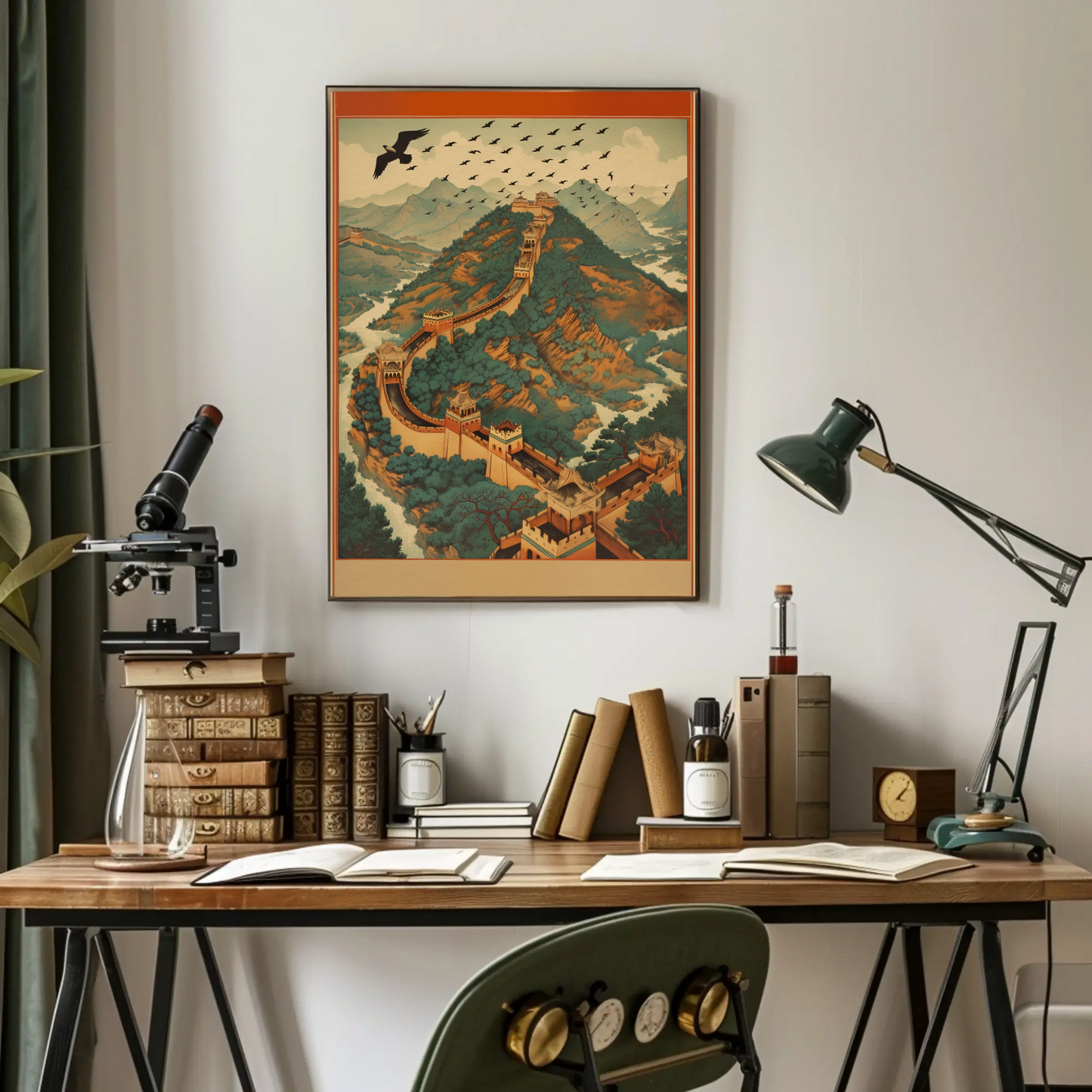 Great Wall Soaring Eagle Over Mountains Travel Poster