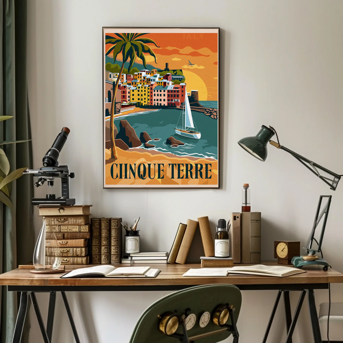 Cinque Terre Italy Vibrant Sunset Harbor Travel Poster