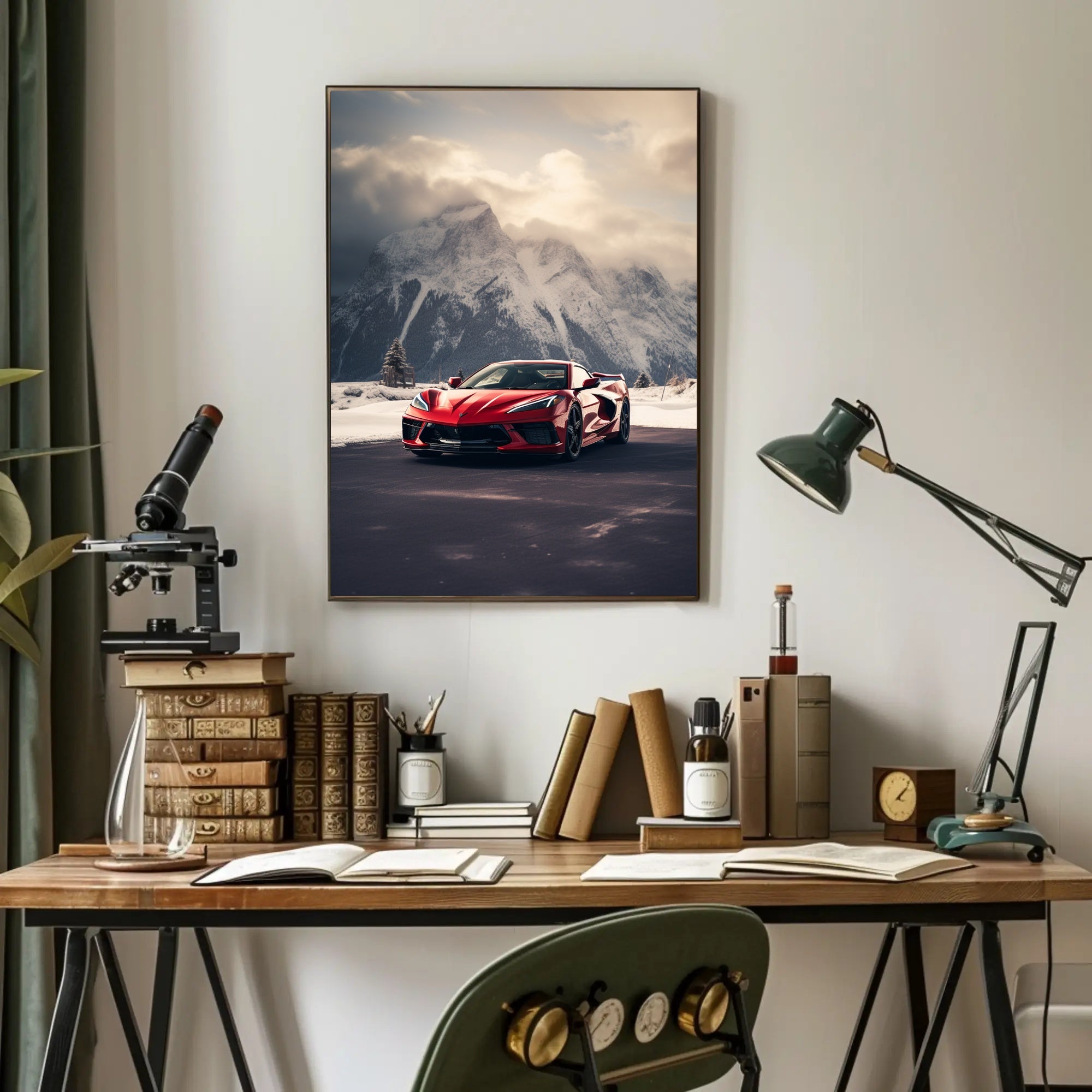 Sleek Red Sports Car in Alpine Landscape Poster PosterGoat