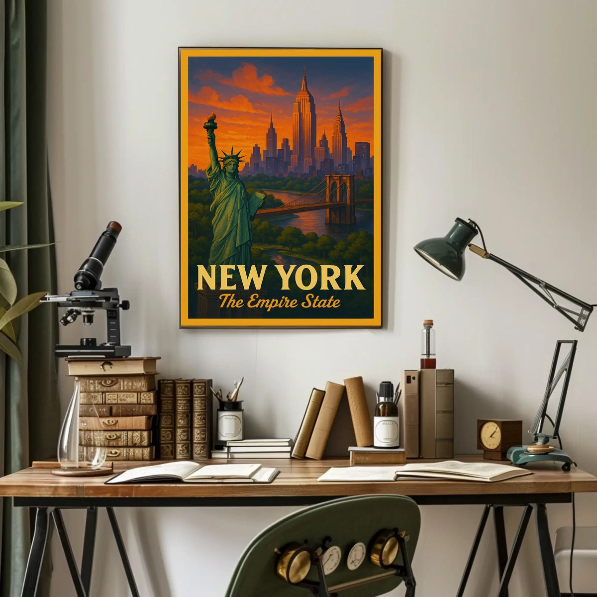 New York City Landmarks At Sunset Poster Vintage Wall Art