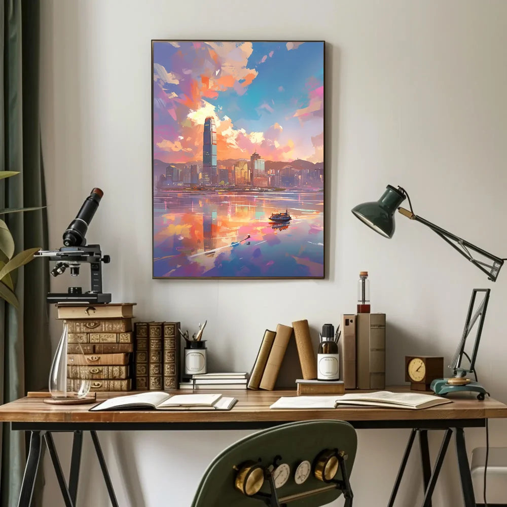Modern Cityscape Sunset Poster: Hong Kong Skyline Art