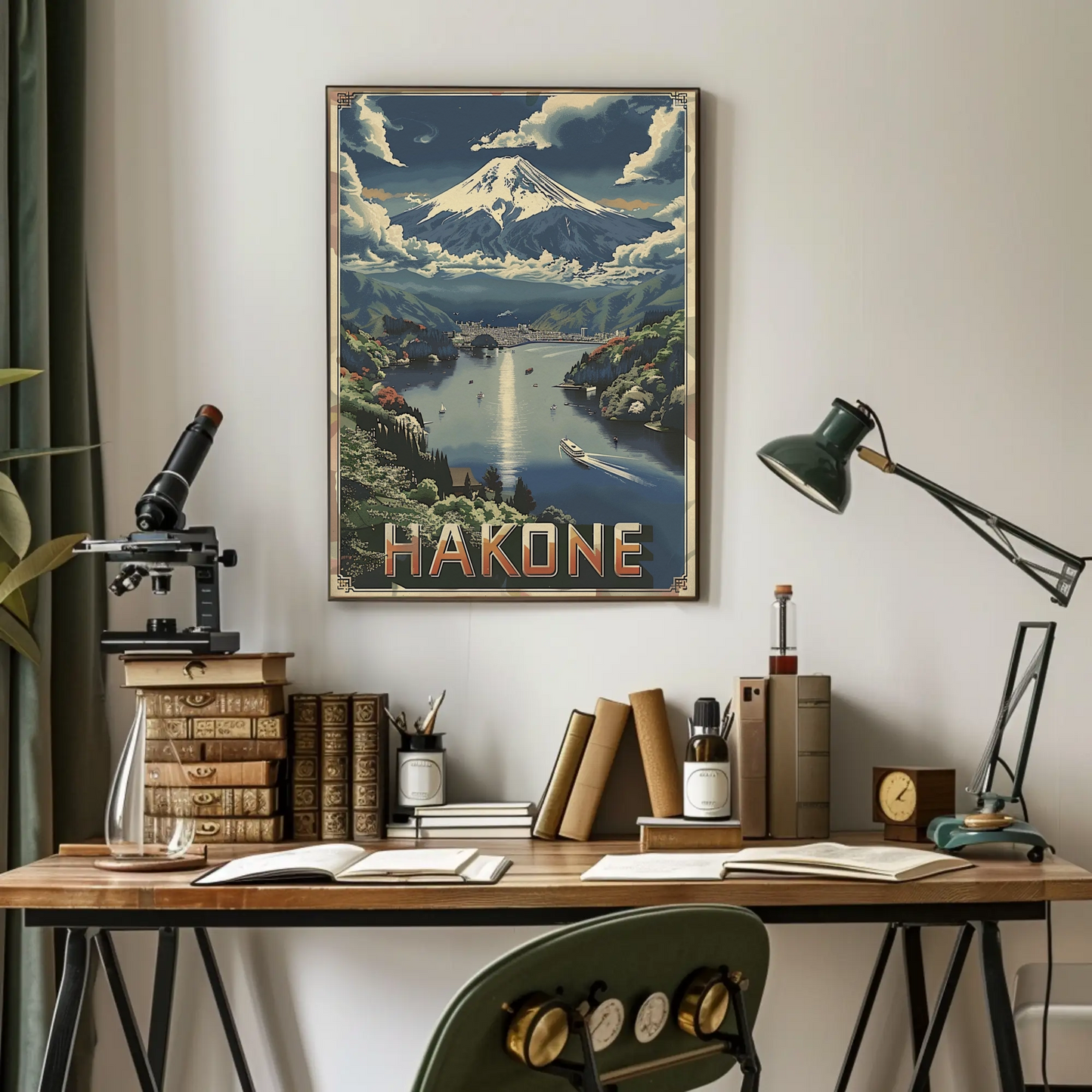 Hakone Japan Sailboat Lake Fuji Peaceful Scene Travel Poster