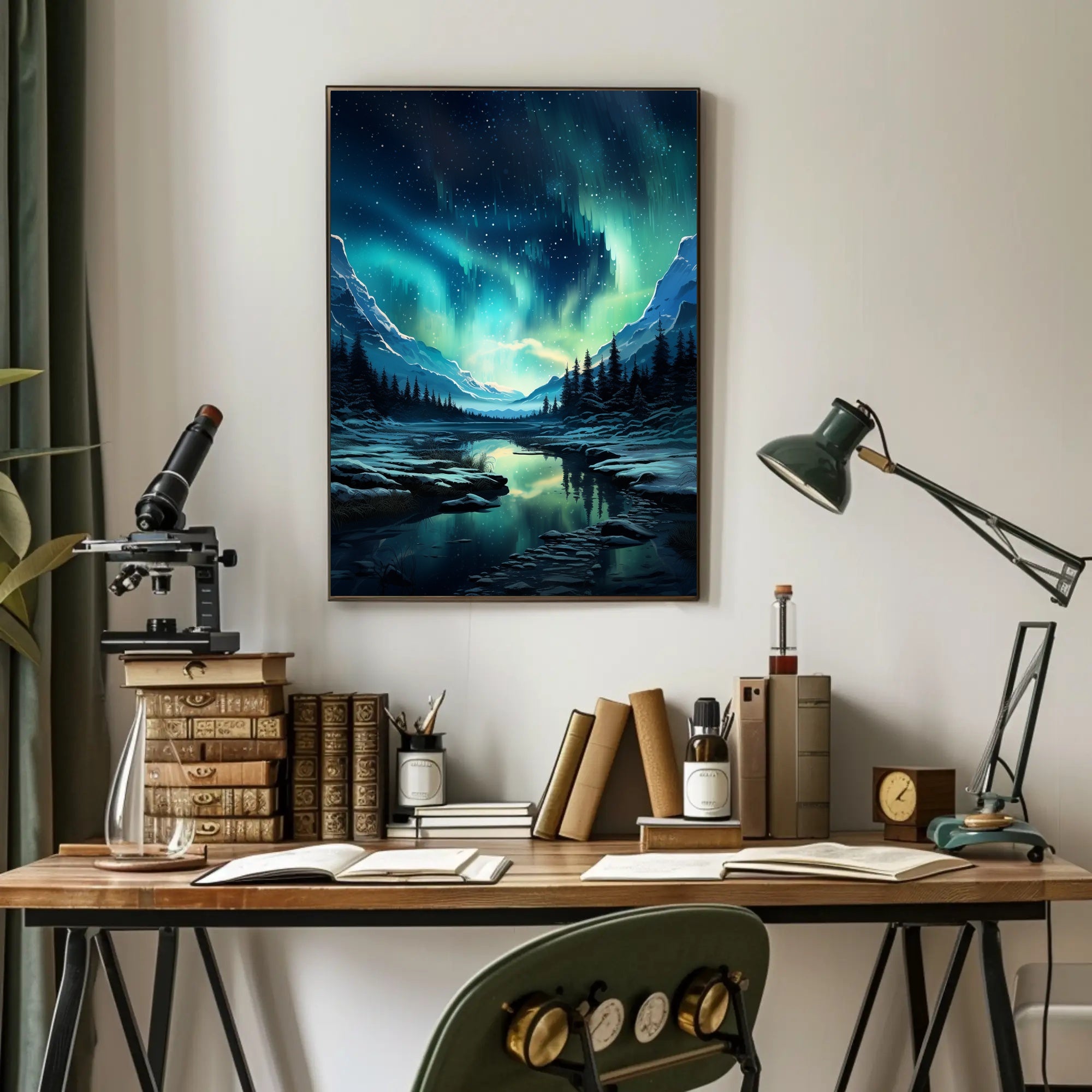 Aurora Borealis Over Snowy Mountains Poster