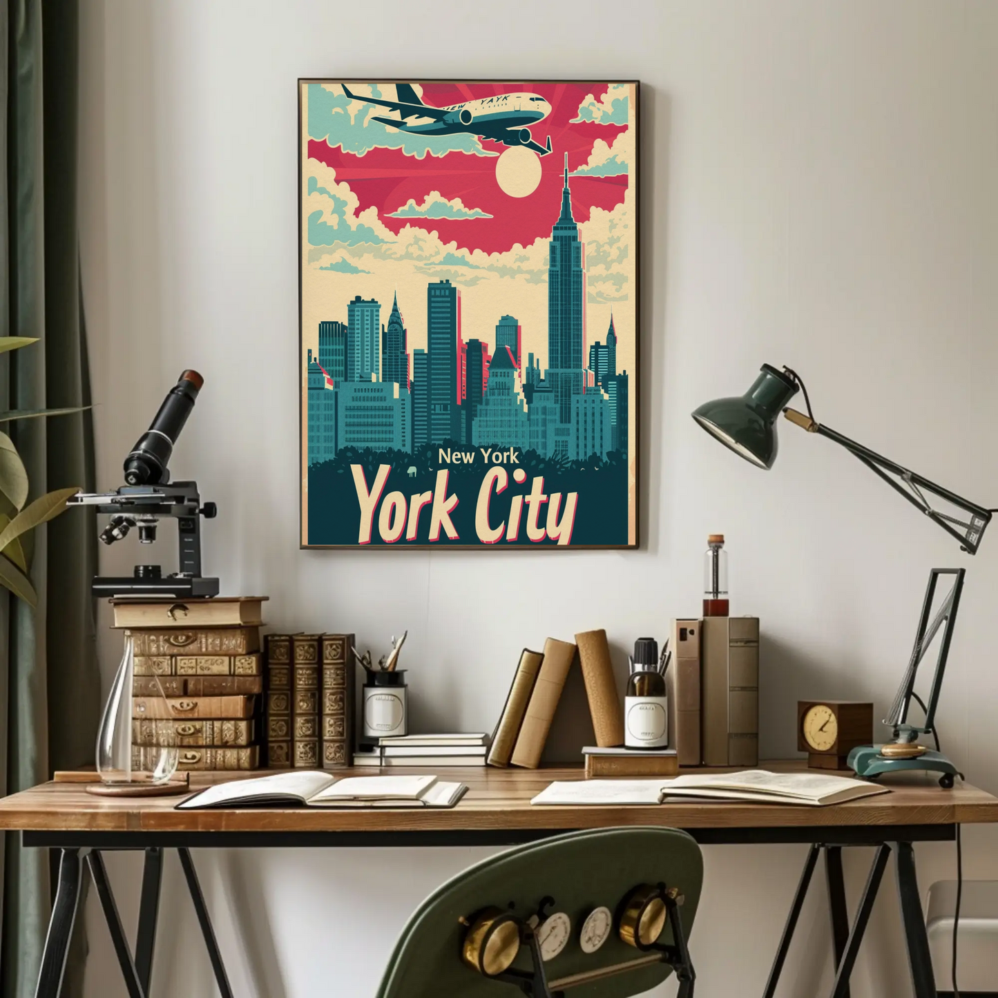 New York City Airplane Skyline Red Sky Travel Poster