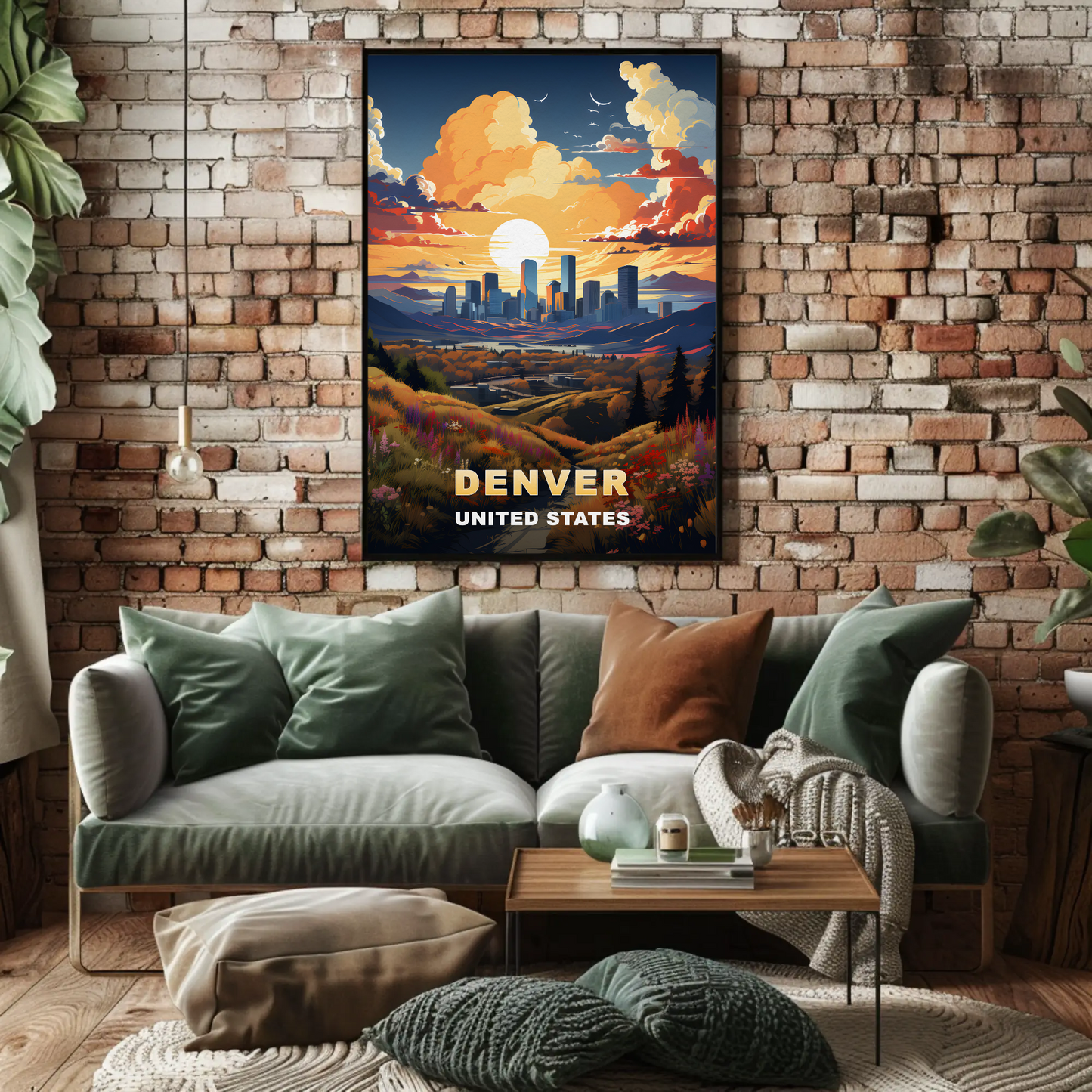 Denver Sunset Skyline Mountains Vintage Travel Poster