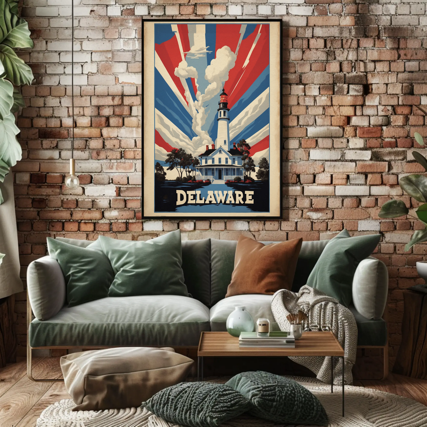 Delaware Lighthouse Patriotic Rays Vintage Travel Poster