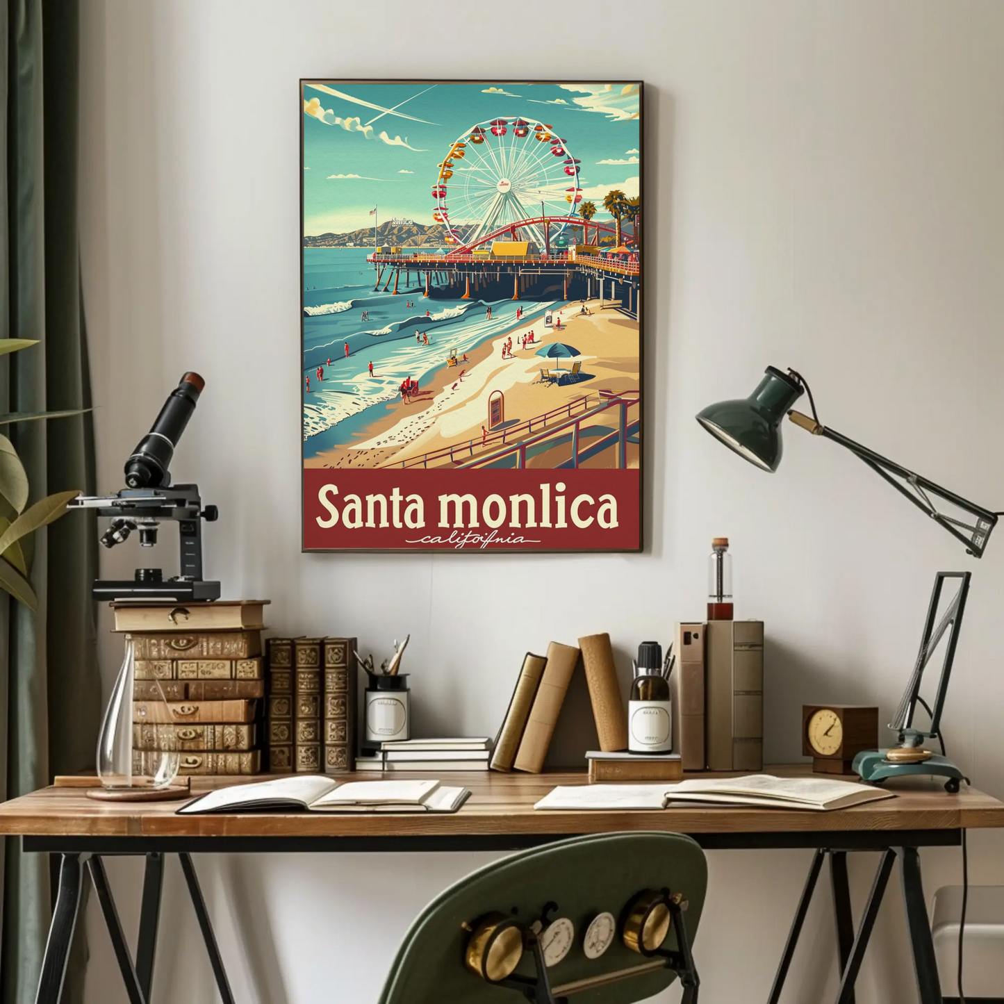 Santa Monica California Ferris Wheel Oceanfront View Travel Poster