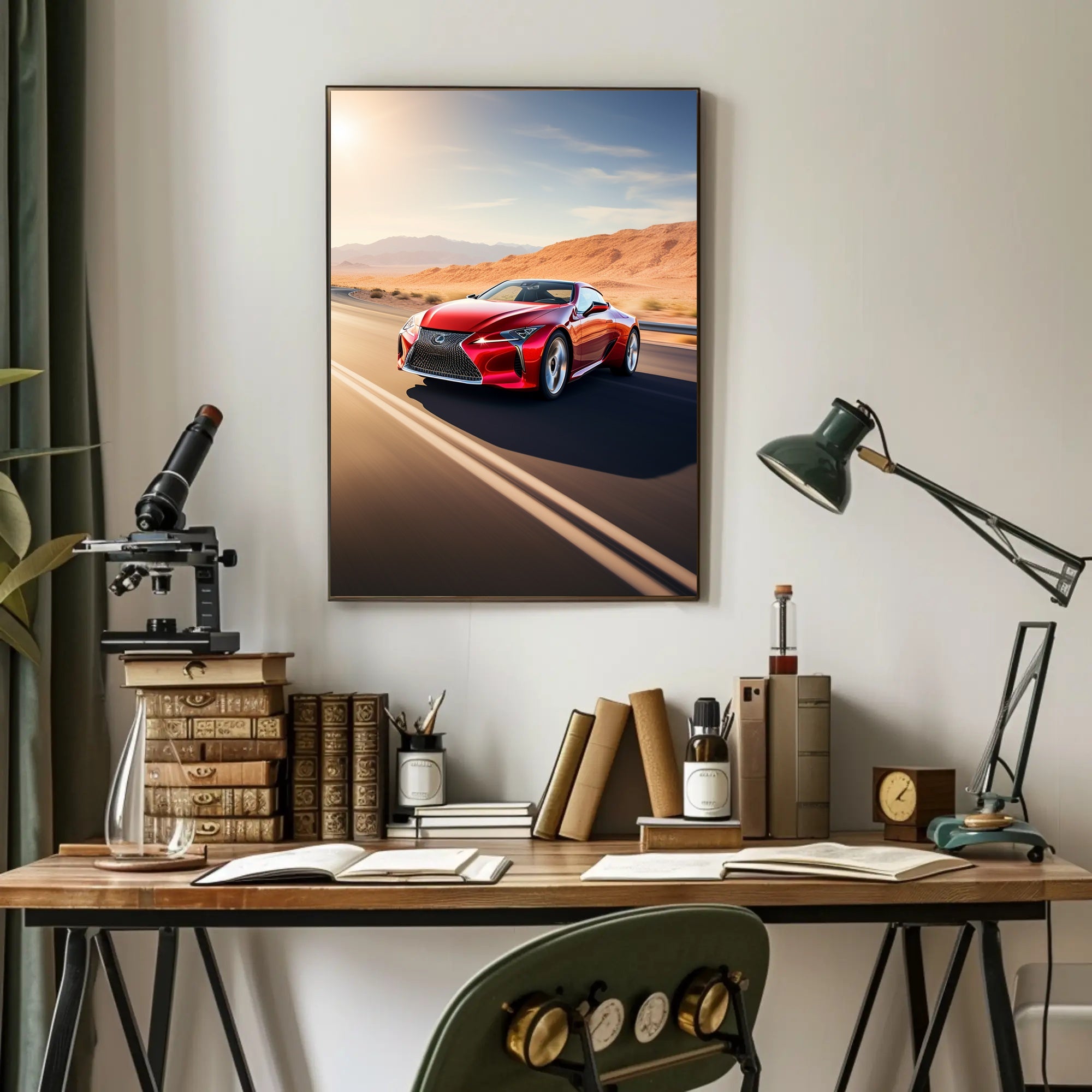 Red Sports Car in Motion Poster PosterGoat